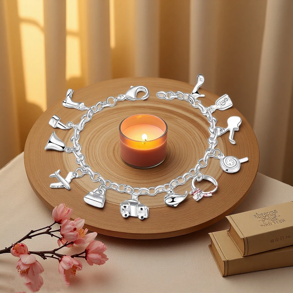 Pretty Bracelets 925 Sterling Silver AAA Zircon Crystal Bracelets 12 Pendants Charms Bangles For Woman New Fine Jewelry