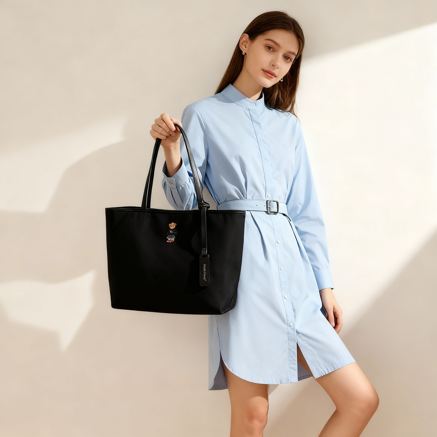 Tote bag, ladies' 2025 new handbag, embroidered small bear nylon bag, large capacity class commuting shoulder bag