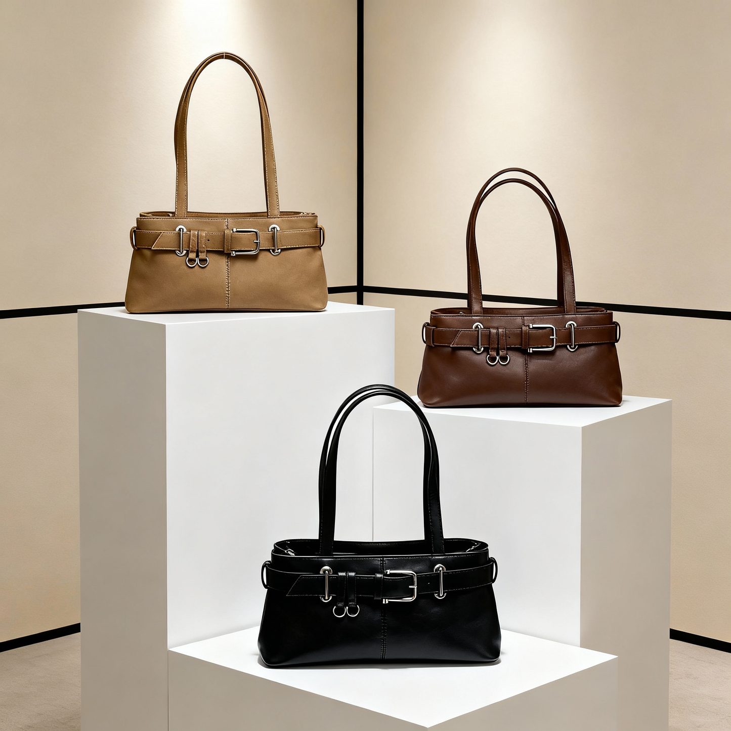 2025 Tote bag with retro texture, casual versatile belt buckle, shoulder bag, niche design, European and American commuting bag