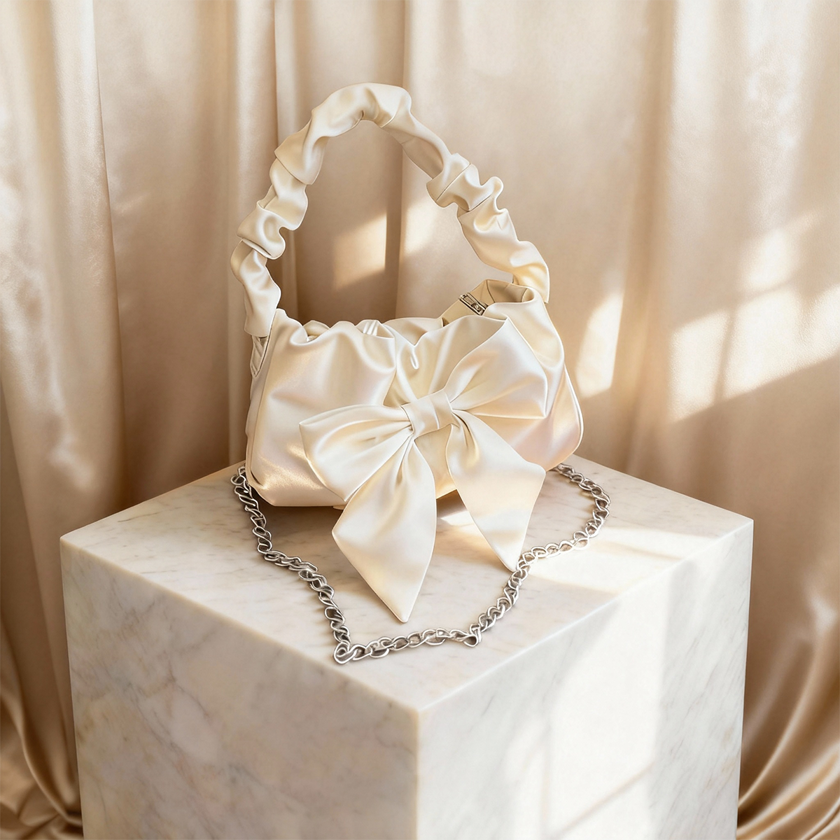 Women’s Satin Bow Shoulder Bag 2025 – Cute Ruched Handle Purse, Elegant Mini Crossbody Handbag for Date Night & Street Style