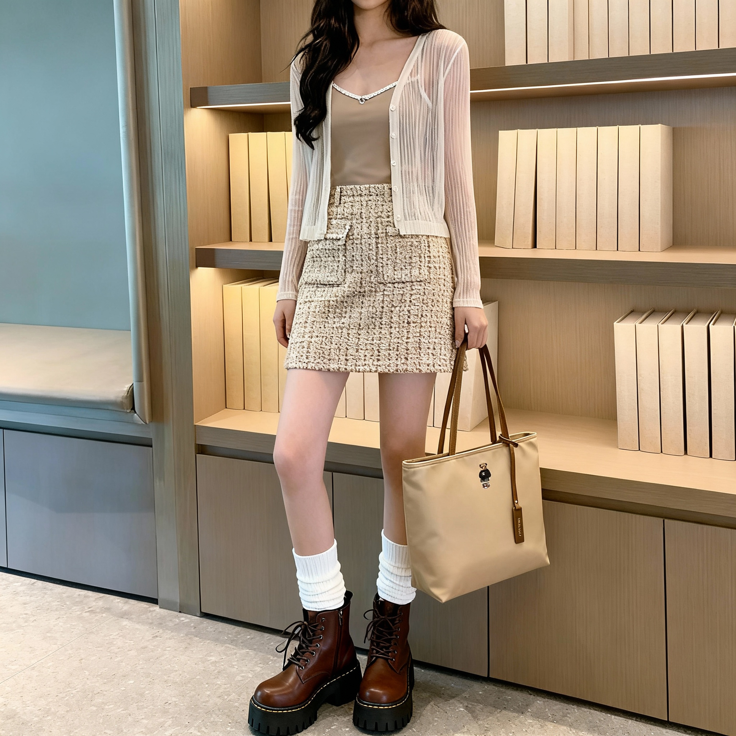 Tote bag, ladies' 2025 new handbag, embroidered small bear nylon bag, large capacity class commuting shoulder bag