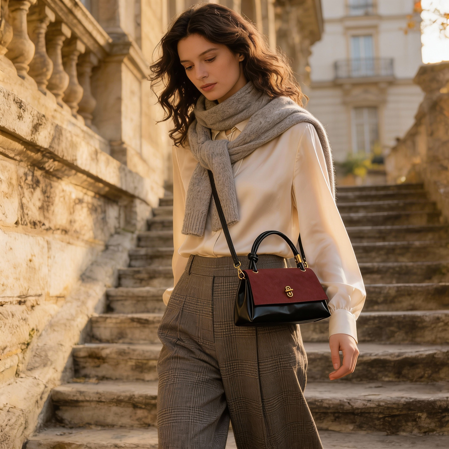 Vintage Suede Shoulder Bag with Leather Details – Business Casual for Women