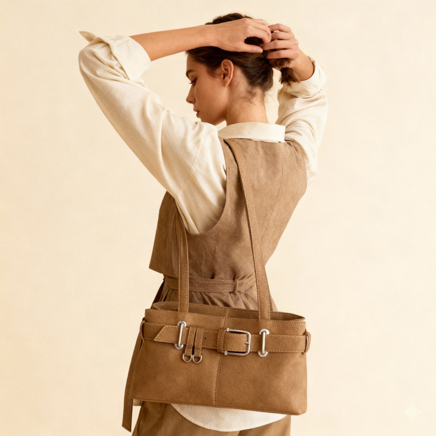 2025 Tote bag with retro texture, casual versatile belt buckle, shoulder bag, niche design, European and American commuting bag