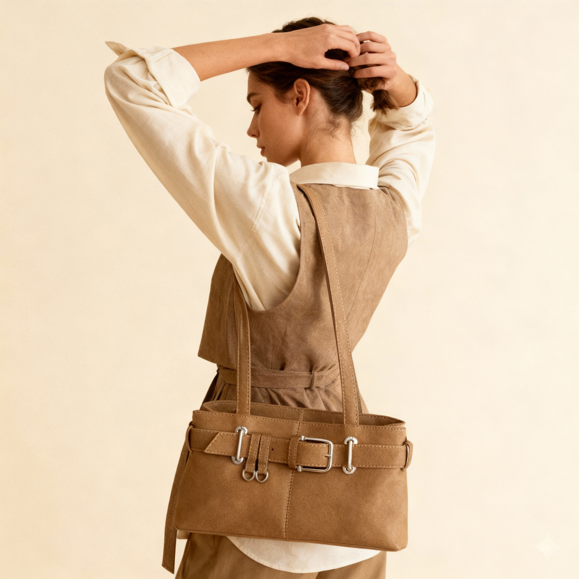 2025 Tote bag with retro texture, casual versatile belt buckle, shoulder bag, niche design, European and American commuting bag