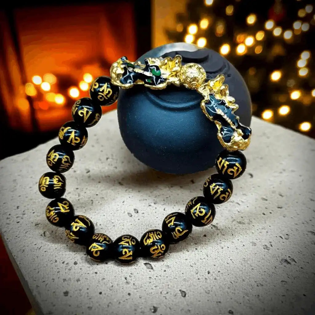 Feng Shui Obsidian Bead Bracelet Double Pixiu Wealth Luck Wristband for Men Women
