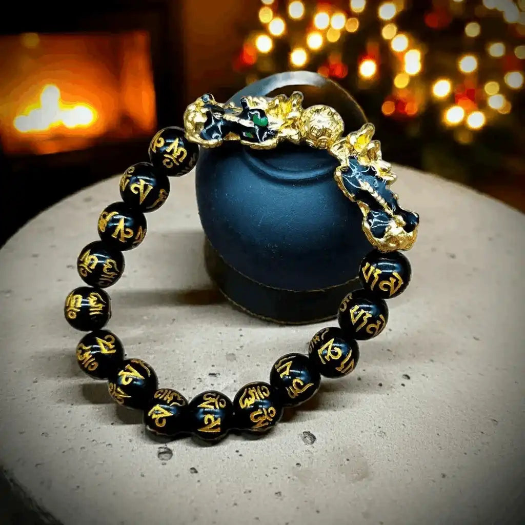 Feng Shui Obsidian Bead Bracelet Double Pixiu Wealth Luck Wristband for Men Women