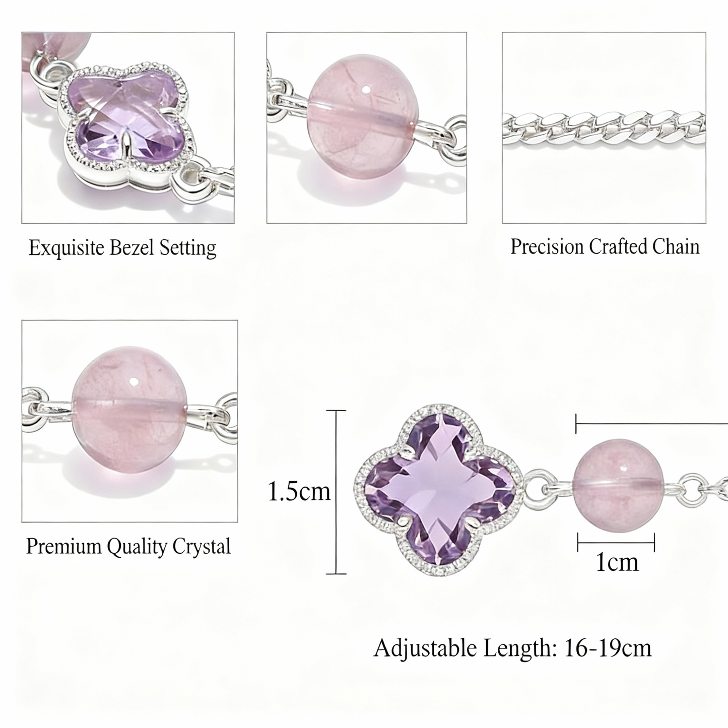 Bracelet with purple crystal and pink beads, showing detailed features on a white background.