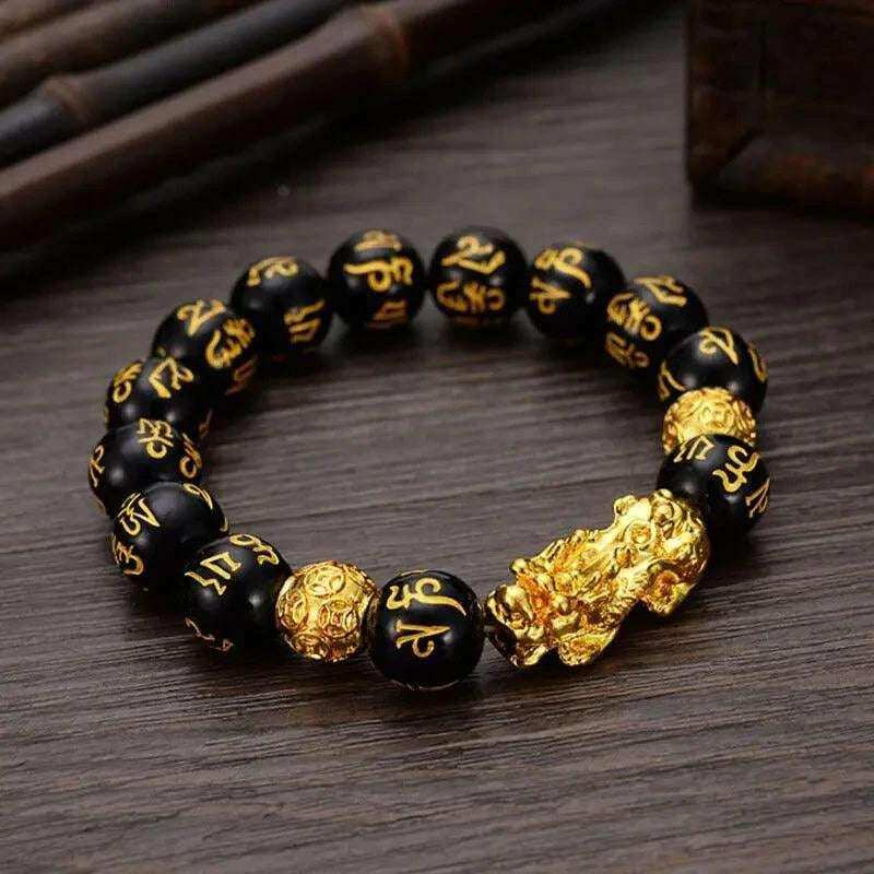 Feng Shui Wealth Bracelet Black Obsidian Pi Xiu Lucky Amulet gold