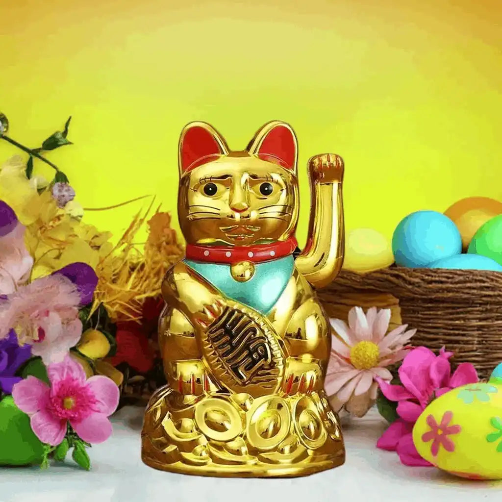 Lucky Waving Cat Maneki Neko Gold Feng Shui Fortune Home Decor 6.5 Inch Ornament