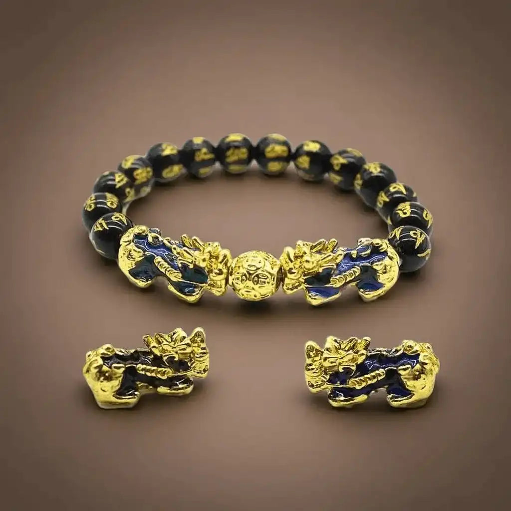 Feng Shui Obsidian Bead Bracelet Double Pixiu Wealth Luck Wristband for Men Women