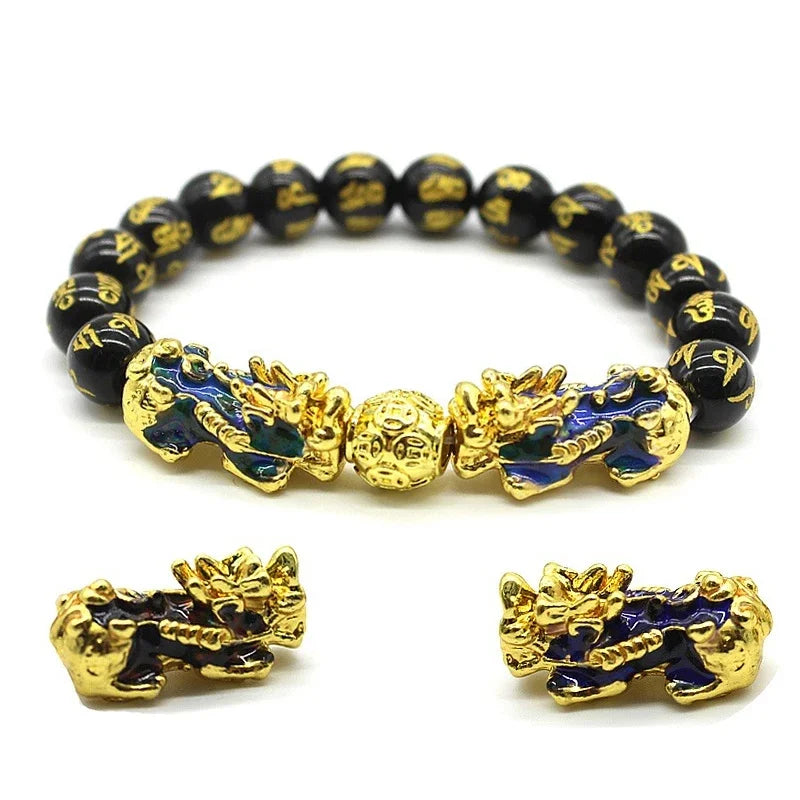 Unisex Obsidian Stone Beads Bracelets Chinese FengShui Double Pixiu Color Changing Wristband Wealth Good Luck Bracelet Men Women