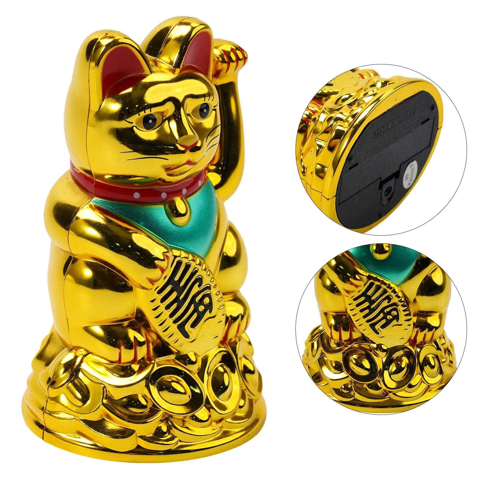 Gold Maneki Neko Lucky Cat statue with close-up of battery compartment and waving arm, ideal for Feng Shui fortune and home decoration.