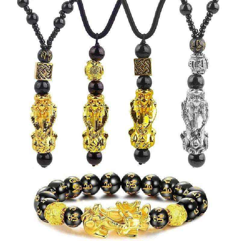 Pixiu Feng Shui Bracelet Ring Necklace Set Obsidian Bead Wealth Luck Jewelry for Men Women