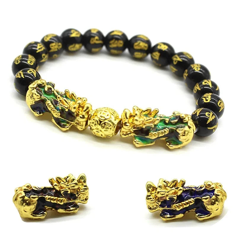 Unisex Obsidian Stone Beads Bracelets Chinese FengShui Double Pixiu Color Changing Wristband Wealth Good Luck Bracelet Men Women