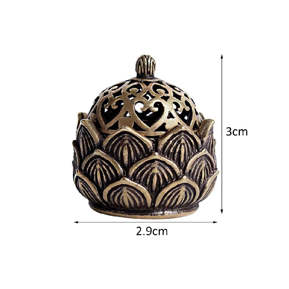 Lotus-shaped Zen incense burner with ornate lid, 2.9cm x 3cm, ideal for aromatherapy and Feng Shui tea house decoration.
