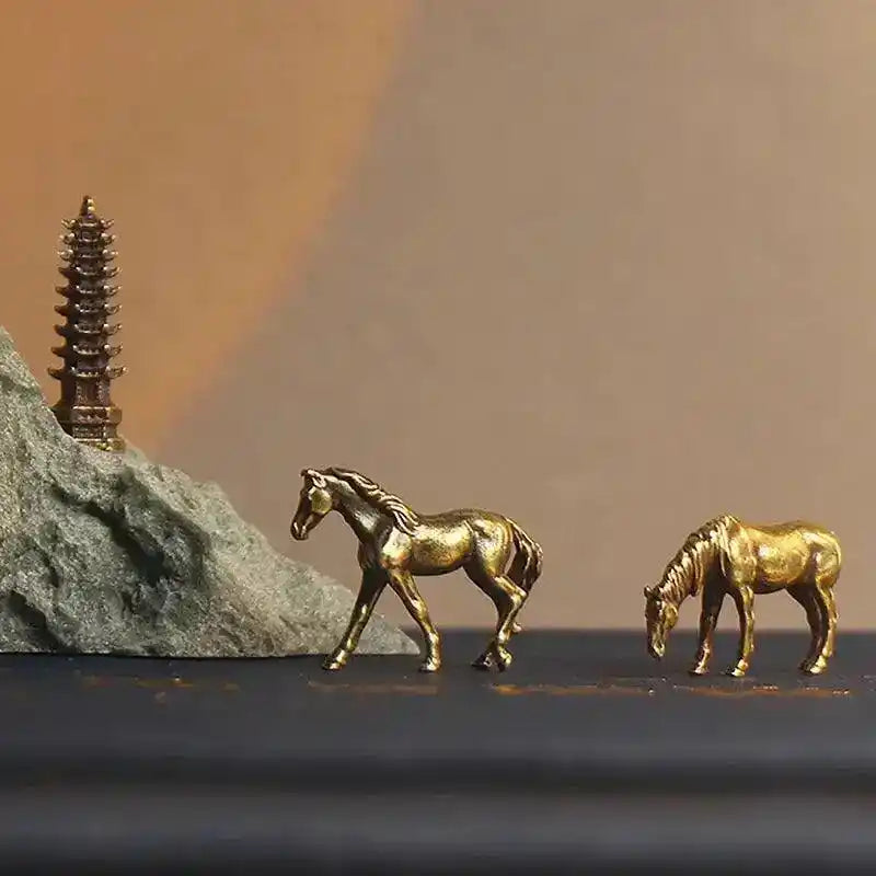 Mini Antique Brass Long Tail Horse Figurine Feng Shui Ornament Copper Zodiac Animal Home Decor