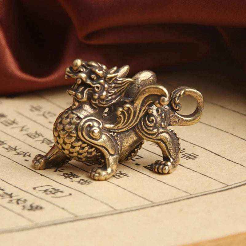 New 1PC Fengshui Qilin Dragon Wealth Brass Statue Chinese Lucky Decor Vintage Ornament
