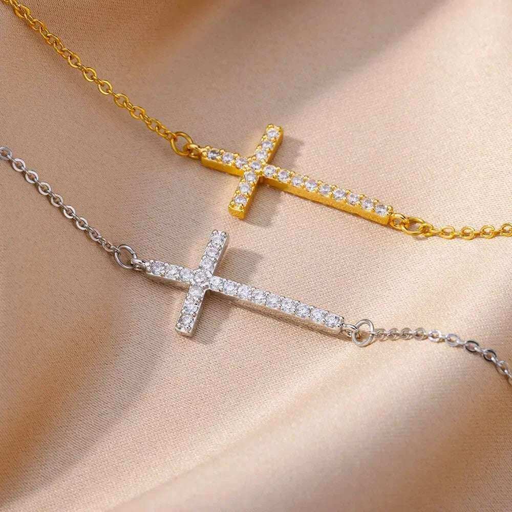 Gold-Plated Crystal Cross Bracelet for Women – Feng Shui Amulet for Protection & Good Luck, Fashion Stainless Steel Religious Jewelry