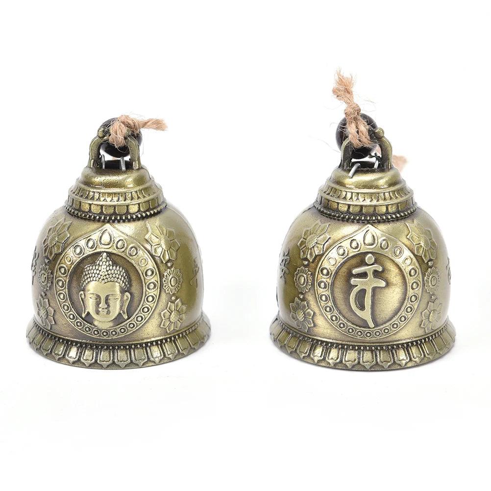 Front and back view of the Lucky Feng Shui Wind Chime Buddha Bell displaying Buddha and Sanskrit symbol, ideal for home or garden decor.