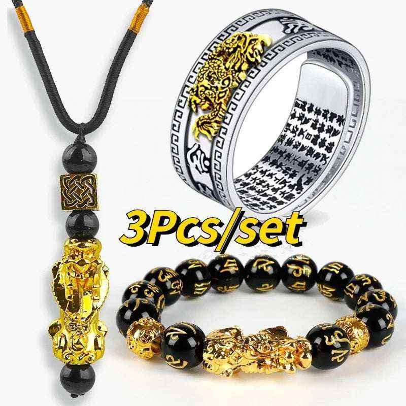 Pixiu Feng Shui Bracelet Ring Necklace Set Obsidian Bead Wealth Luck Jewelry for Men Women set
