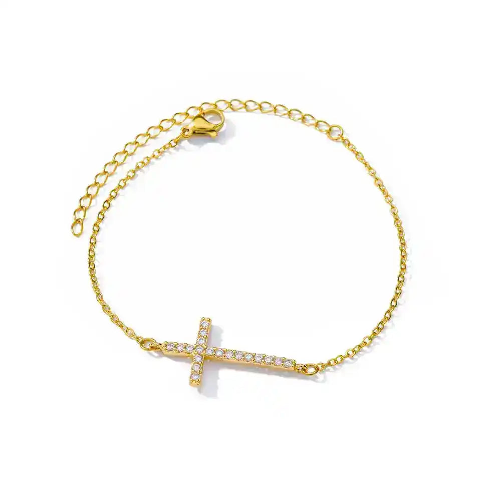 Gold-Plated Crystal Cross Bracelet for Women – Feng Shui Amulet for Protection & Good Luck, Fashion Stainless Steel Religious Jewelry
