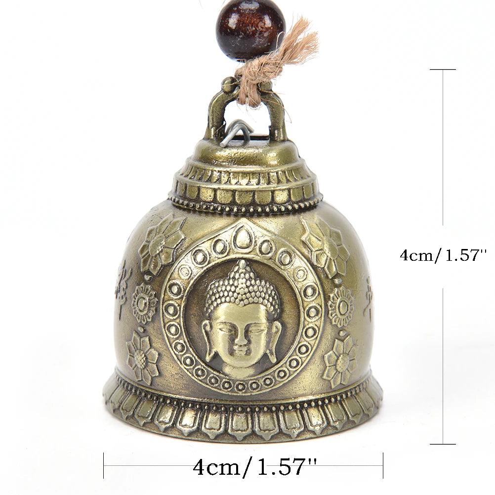 Small brass Lucky Feng Shui Wind Chime Buddha Bell with embossed Buddha face and floral motifs, ideal for home or car blessing decor.