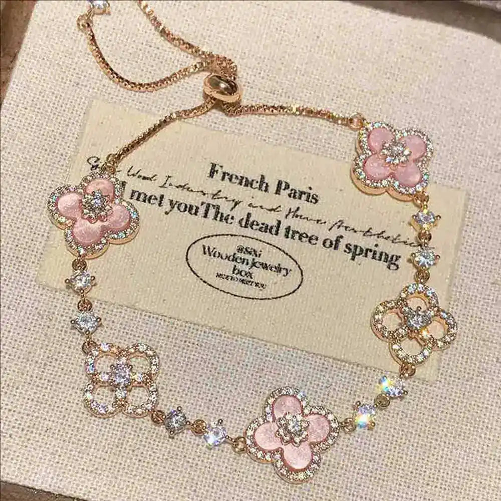 Crystal Flower Adjustable Bracelet Fashionable And Exquisite Wristband Light Luxury High-end Elegant Jewelry pink
