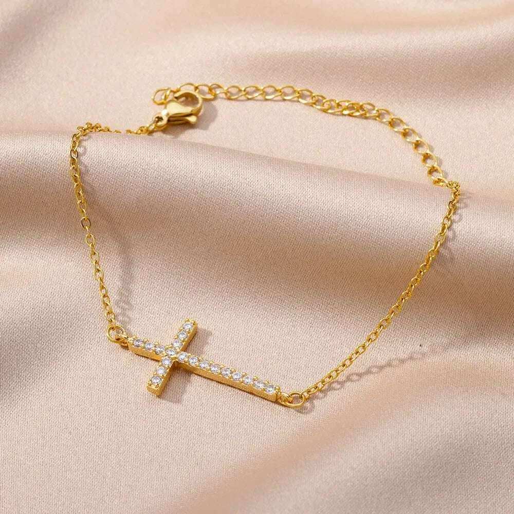 Gold-Plated Crystal Cross Bracelet for Women – Feng Shui Amulet for Protection & Good Luck, Fashion Stainless Steel Religious Jewelry