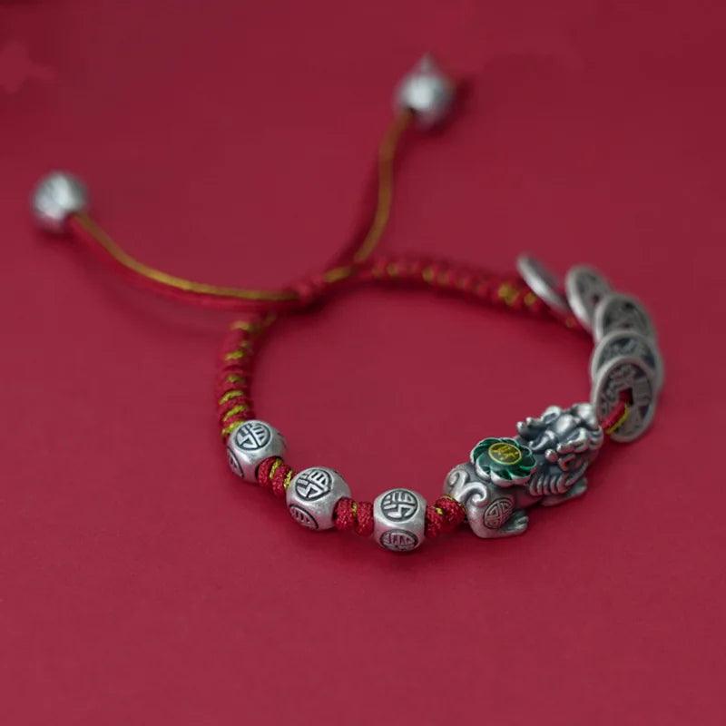 Feng Shui Pixiu Lucky Prayer Coin Beads Bracelet for Men Women Handmade Woven Red Rope Wristband Couple Friendship Jewelry Gifts