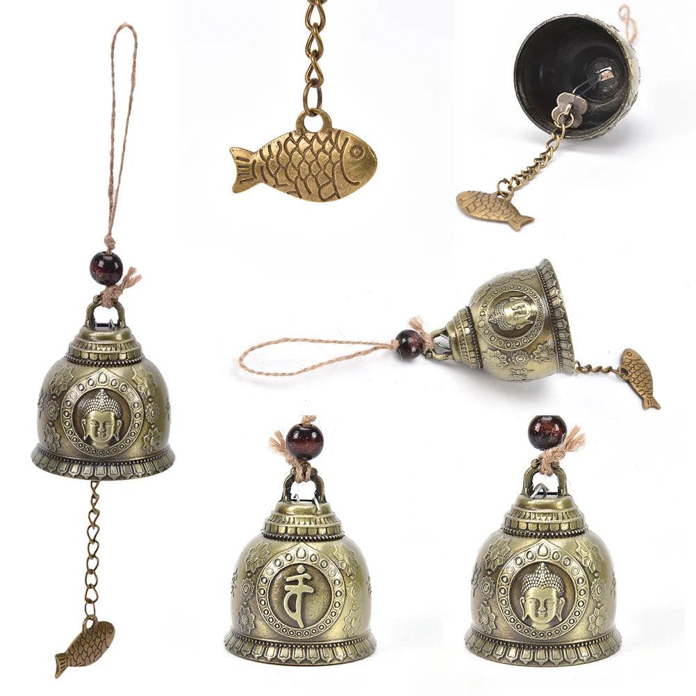 Multiple views of the Lucky Feng Shui Wind Chime Buddha Bell featuring fish charm, Buddha engraving, and hanging loop for home or car decor.
