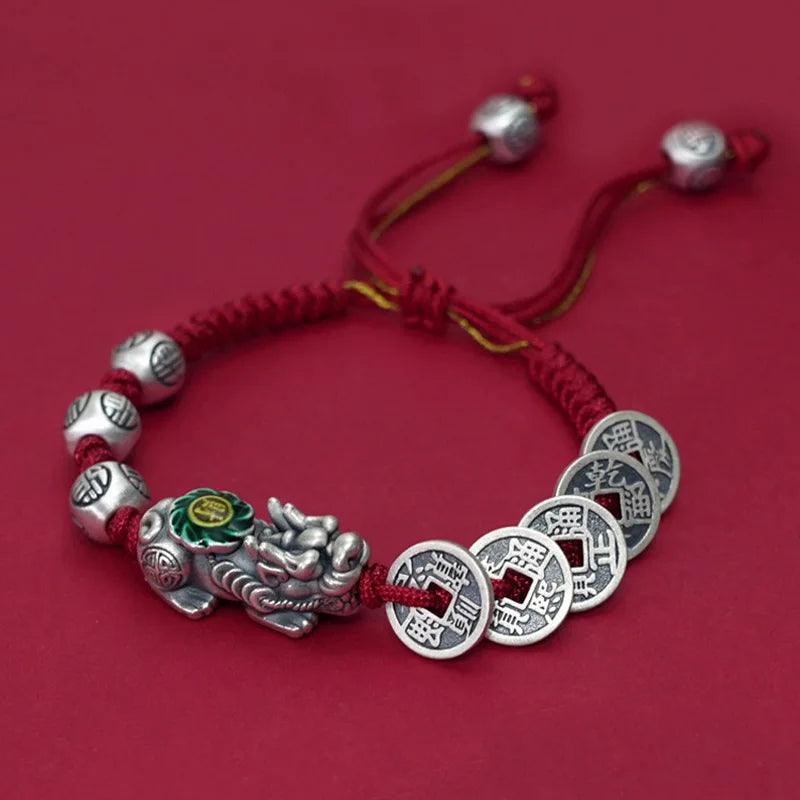 Red Feng Shui Pixiu Lucky Prayer Coin Beads Bracelet for Men Women Handmade Woven Red Rope Wristband Couple Friendship Jewelry Gifts