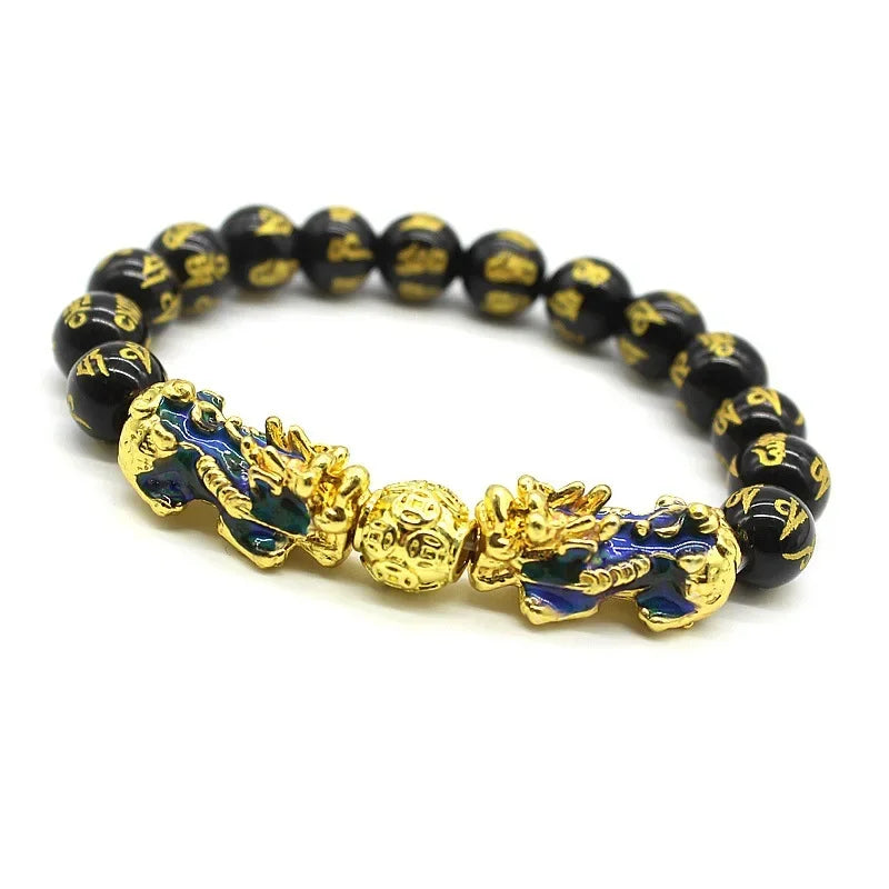 Unisex Obsidian Stone Beads Bracelets Chinese FengShui Double Pixiu Color Changing Wristband Wealth Good Luck Bracelet Men Women