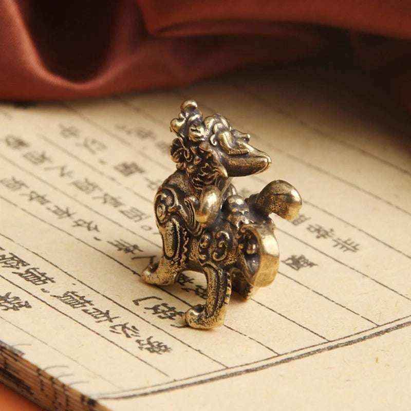 New 1PC Fengshui Qilin Dragon Wealth Brass Statue Chinese Lucky Decor Vintage Ornament