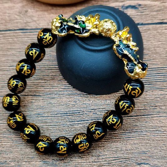 Unisex Obsidian Stone Beads Bracelets Chinese FengShui Double Pixiu Color Changing Wristband Wealth Good Luck Bracelet Men Women