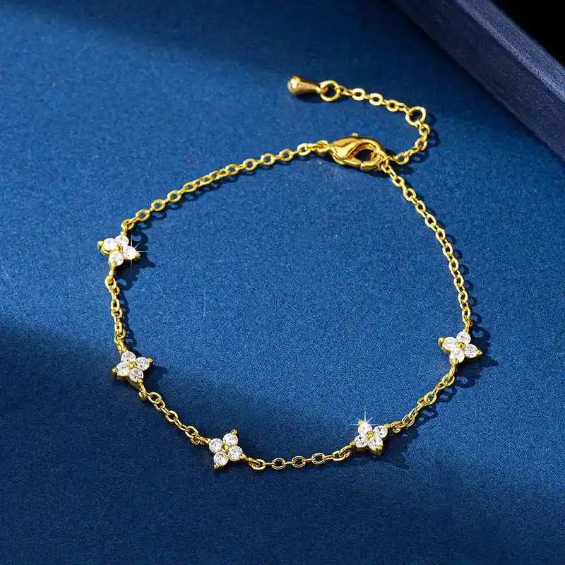 925 Sterling Silver Crystal Flower Bracelet for Women Girls New Personality Korean Chain Fashion Jewelry Accessories Party Gifts Gold