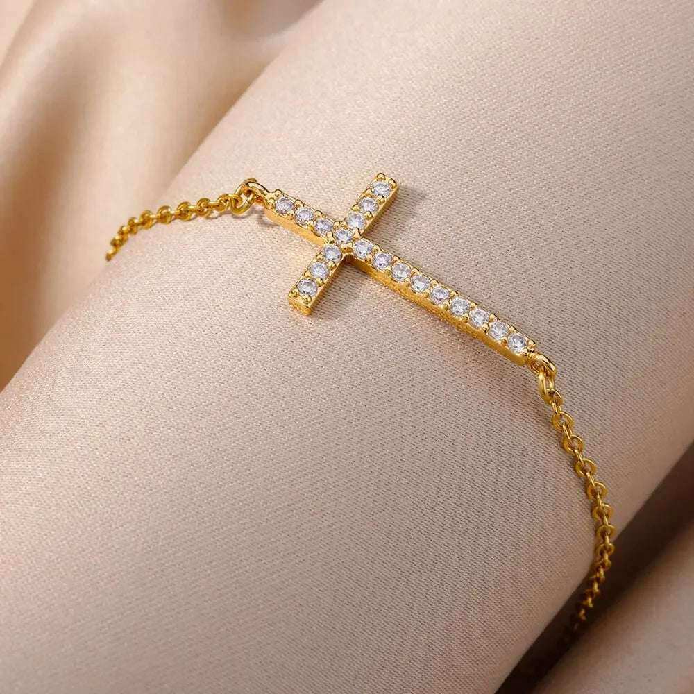 Gold-Plated Crystal Cross Bracelet for Women – Feng Shui Amulet for Protection & Good Luck, Fashion Stainless Steel Religious Jewelry