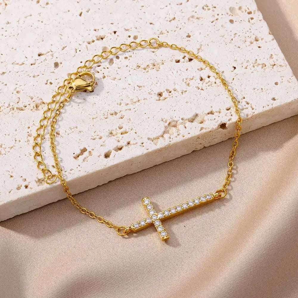 Gold-Plated Crystal Cross Bracelet for Women – Feng Shui Amulet for Protection & Good Luck, Fashion Stainless Steel Religious Jewelry