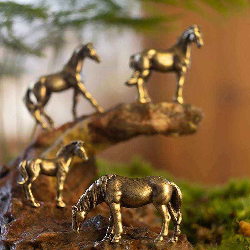 Mini Antique Brass Long Tail Horse Figurine Feng Shui Ornament Copper Zodiac Animal Home Decor