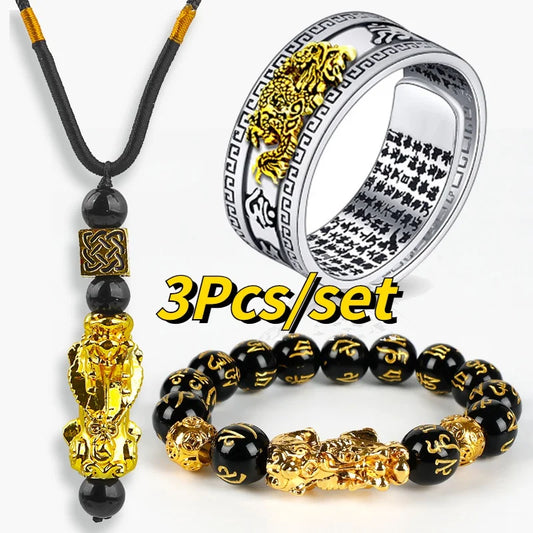 3Pcs/Set Pixiu Bracelet Ring Necklace Feng Shui Buddhist Obsidian Bead Bead Bracelet Men's Women Wealth Good Luck Accessories