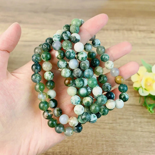 8MM Moss Agate Bracelet Beads with natural green and white tones, ideal for healing, meditation, and fengshui energy balancing.