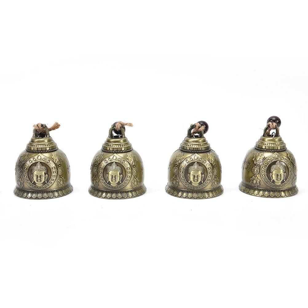 Set of four Lucky Feng Shui Wind Chime Buddha Bells with identical Buddha engravings, suitable for spiritual home or car blessing decor.