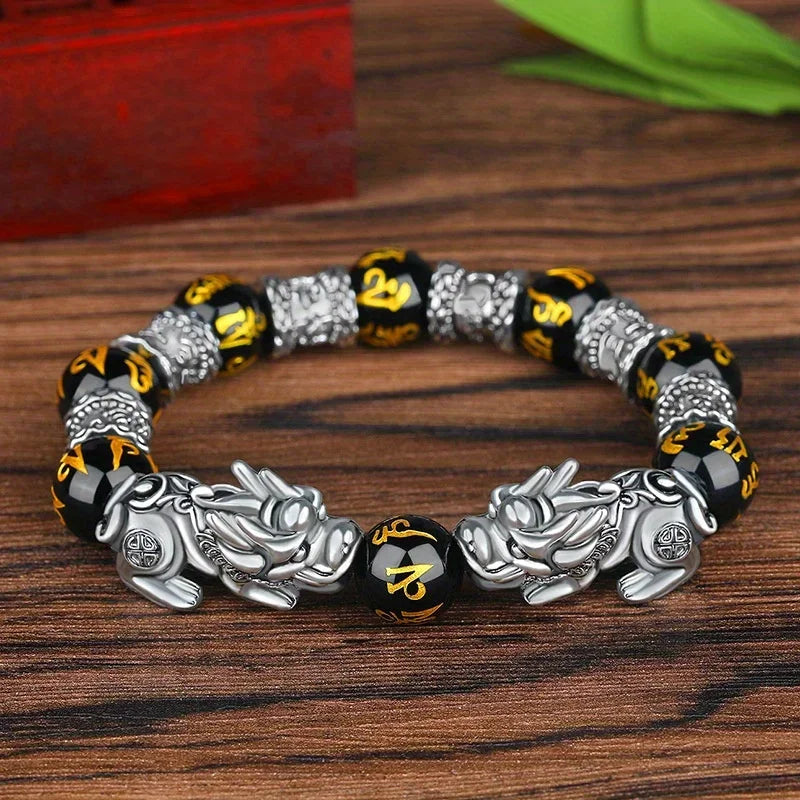 Fengshui Pixiu Bracelet Natural Obsidian Stone Beads Bracelets for Women Men Wealth Good Luck Buddha Unisex Wristband Jewelry