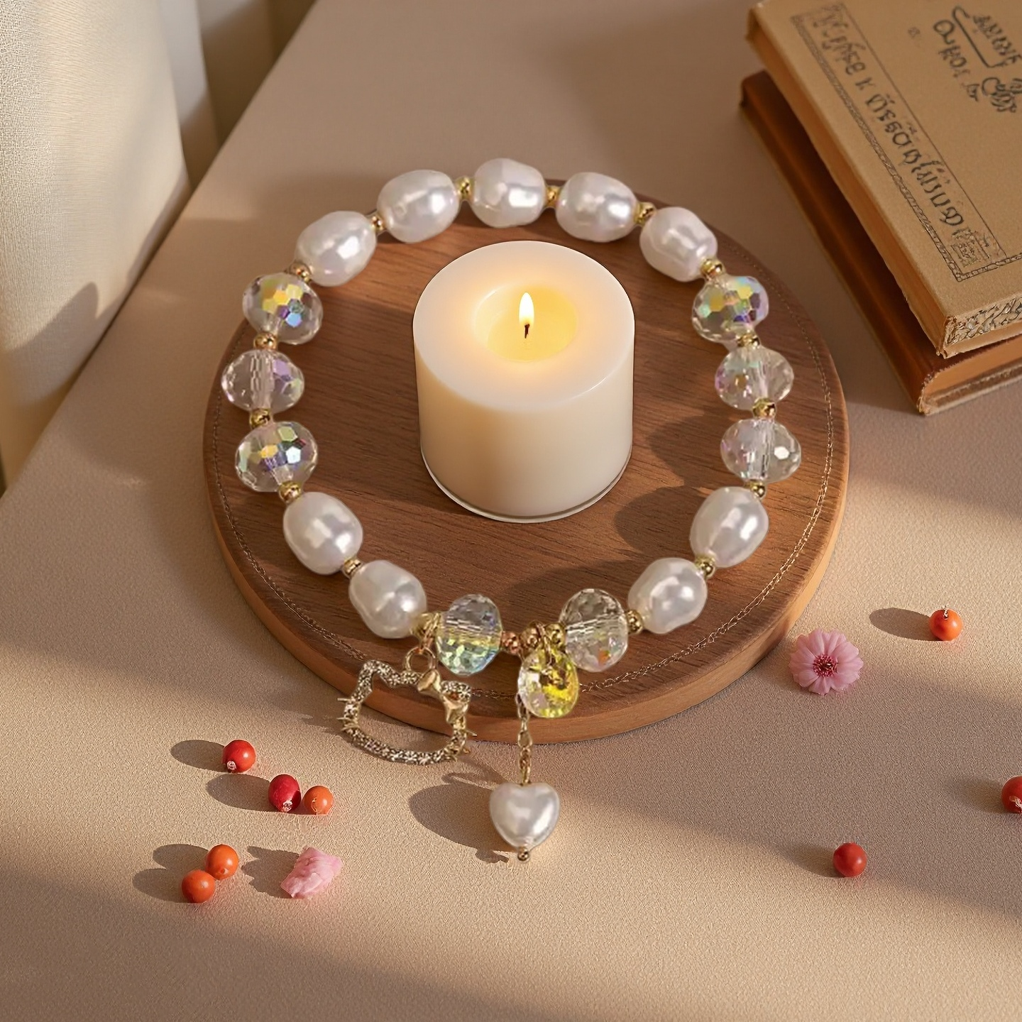 Little Fresh Pearl Crystal Bracelet Women's Simple Smiling Face Pendant Student Friend Elastic Adjustable Bangle Party Jewelry