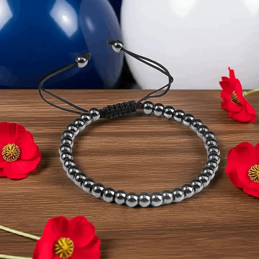 Hematite Beaded Bracelet for Men & Women – Handmade Adjustable Woven Bangle | Energy Healing, Protection & Stylish Gift