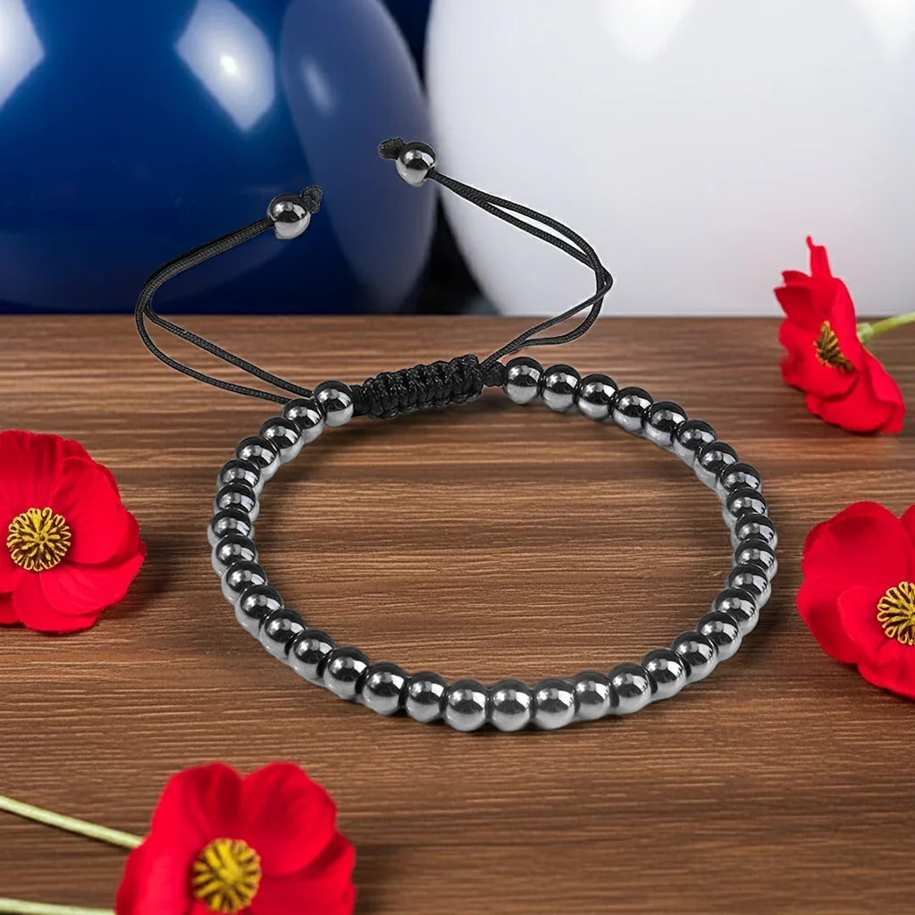 Hematite Beaded Bracelet for Men & Women – Handmade Adjustable Woven Bangle | Energy Healing, Protection & Stylish Gift